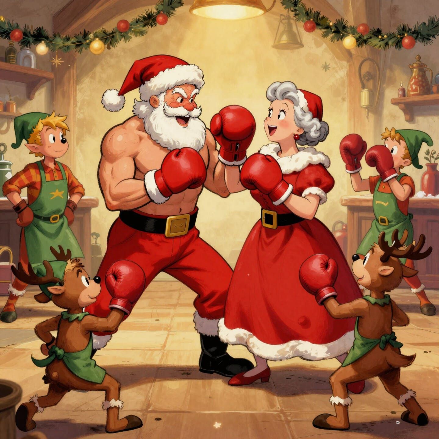 Santa and Mrs. Claus Boxing in Festive Workshop