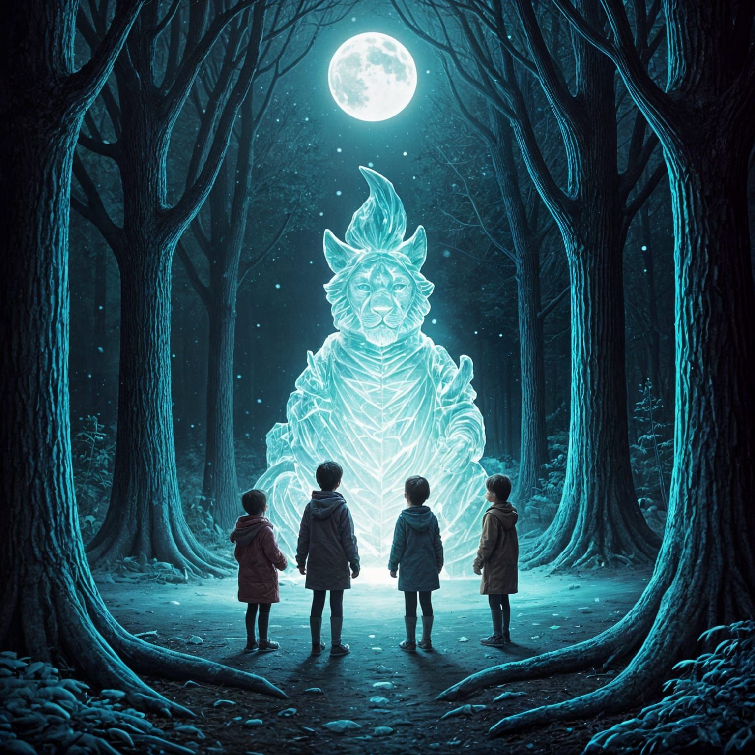 Children Gather Around Magical Glowing Ice Sculpture in Fore...