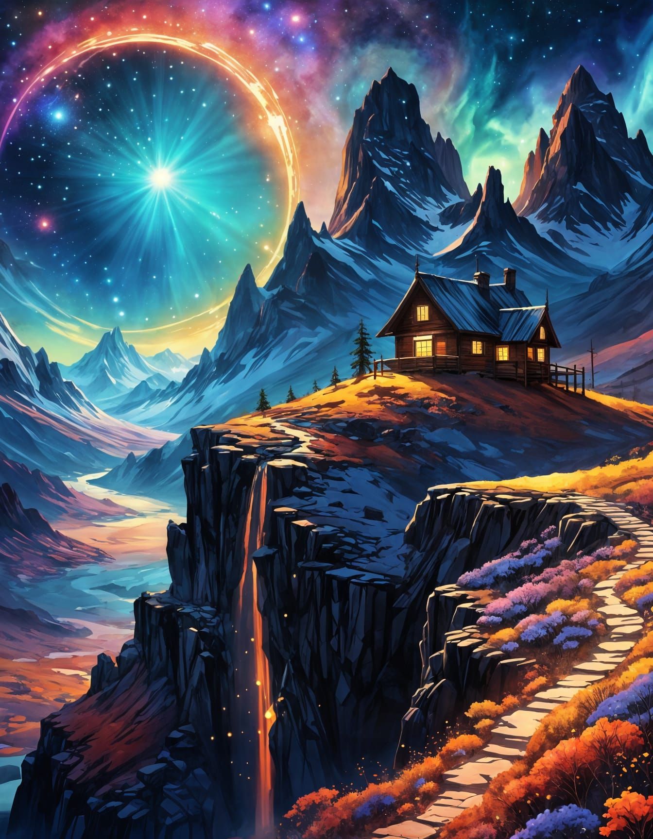 Solarpunk Landscape Art with Luminous Sun