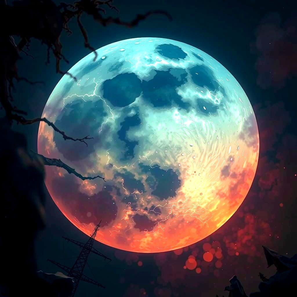 Eerie Bioluminescent Moon Over Frozen Landscape in Digital P...