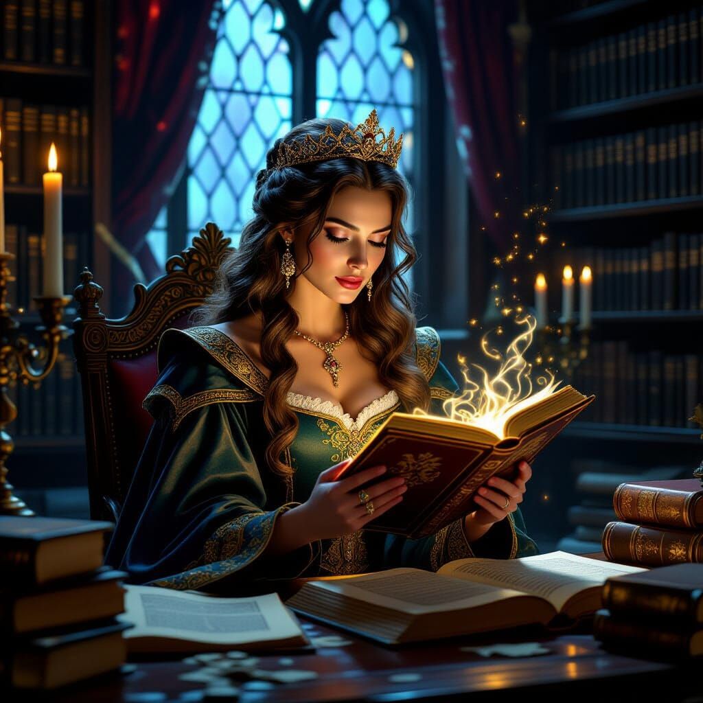 Queen Reads Magical Tome in Candlelit Palace Library