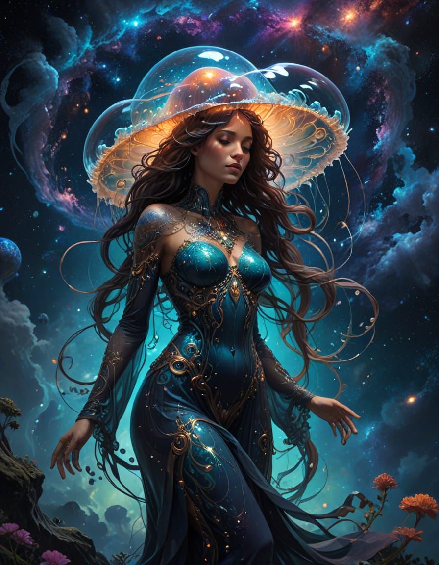Cosmic Bioluminescent Jellyfish Goddess in Art Nouveau Style