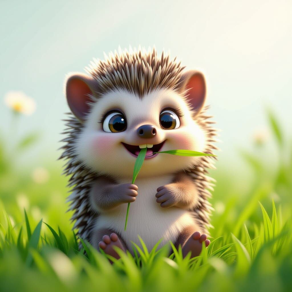 Joyful Hedgehog Nibbles Grass in Pixar Style