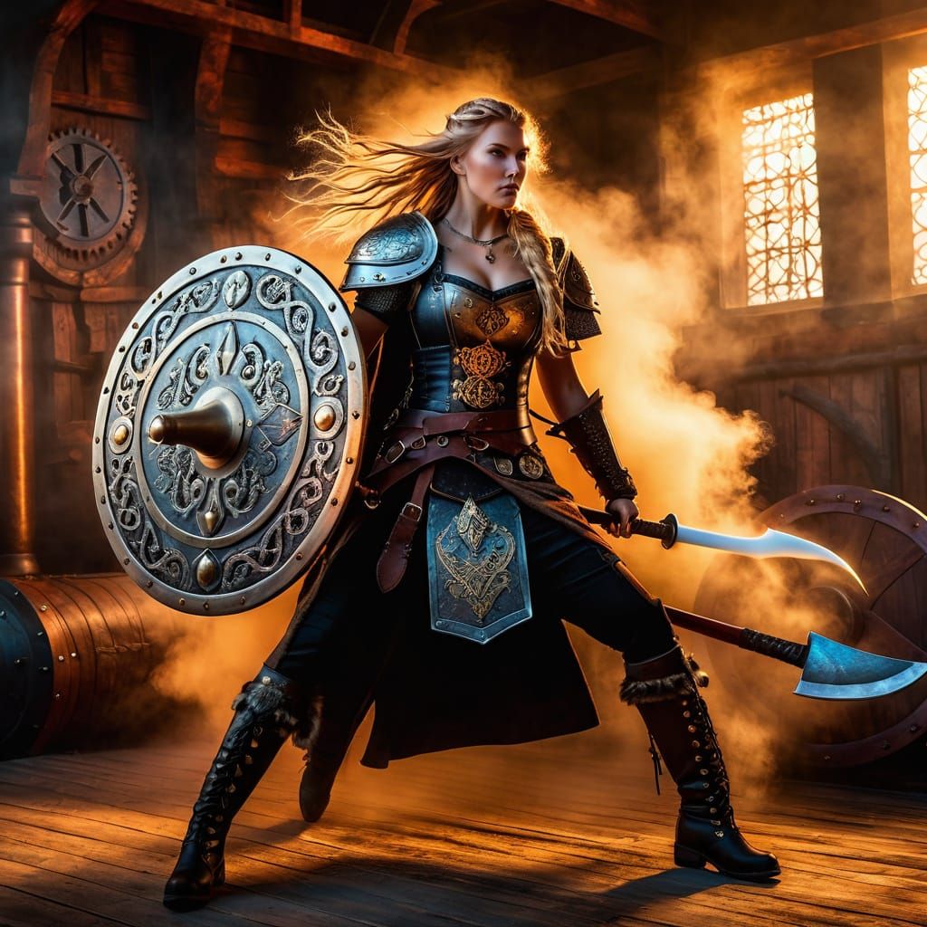 Fierce Steampunk Viking Shieldmaiden in Epic Battle Pose