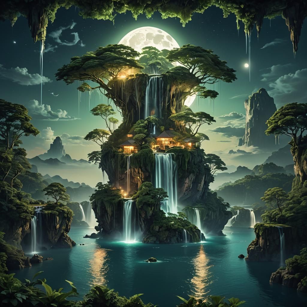 Surreal Floating Island Landscape at Night