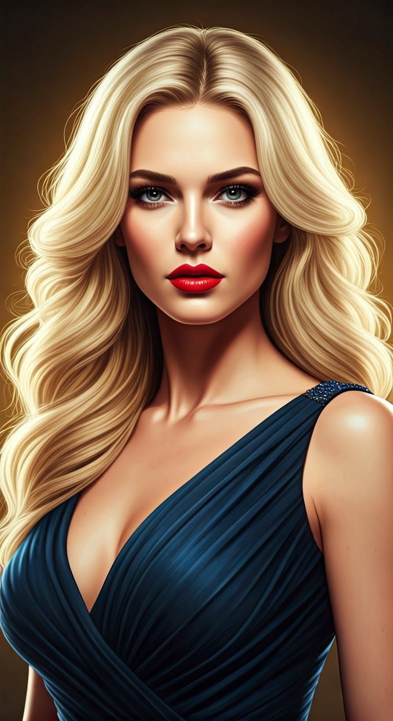 Blonde Bombshell in Blue Gown: Digital Portrait