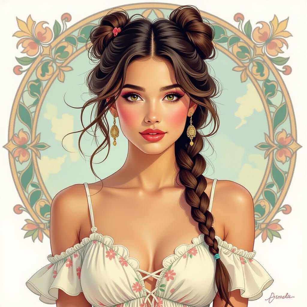 Woman with Braids in Artistic Watercolor Portrait