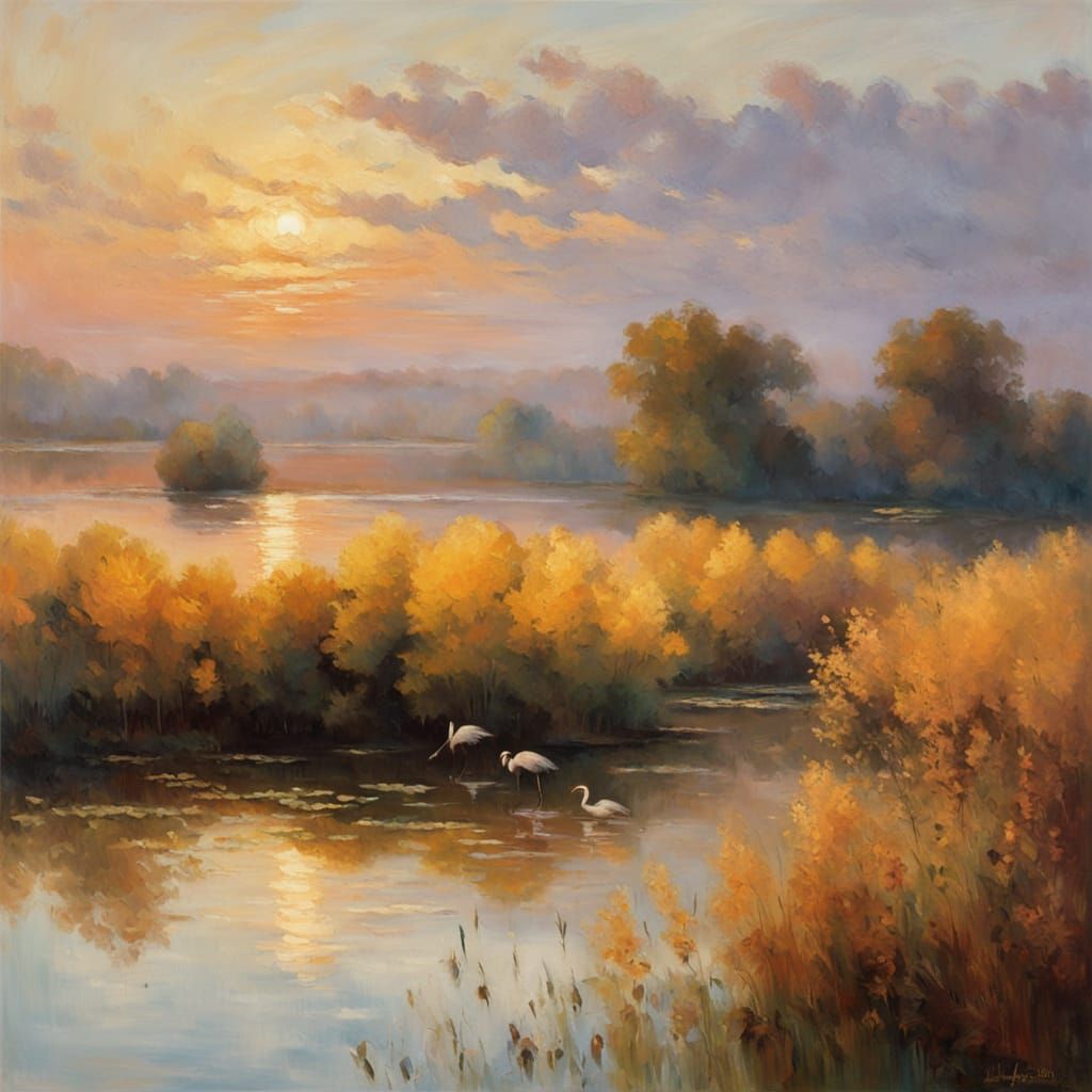 Cranes in Impressionist Serenity