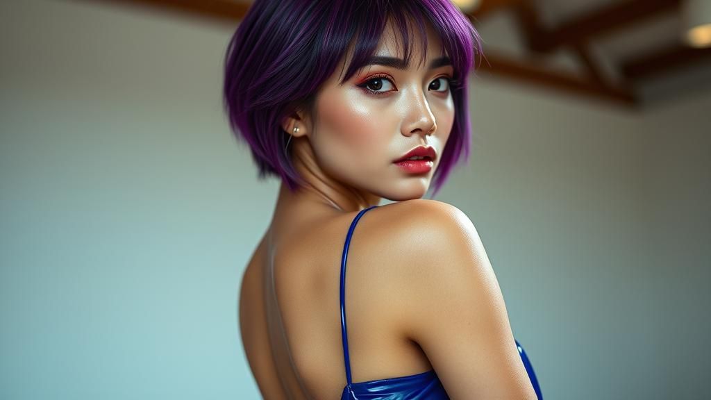 Purple-Haired Model in Blue Latex Dress