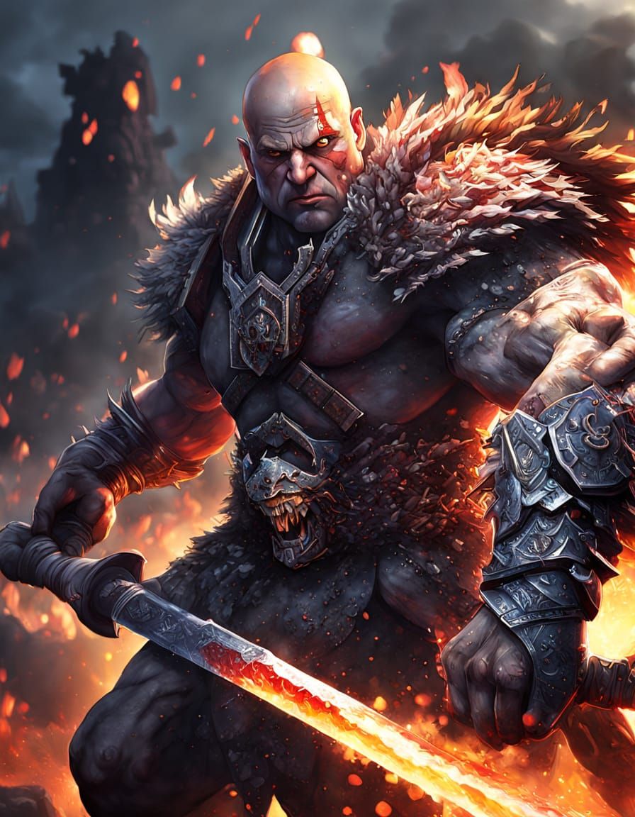 Goliath Barbarian Warrior with Flaming Warhammer