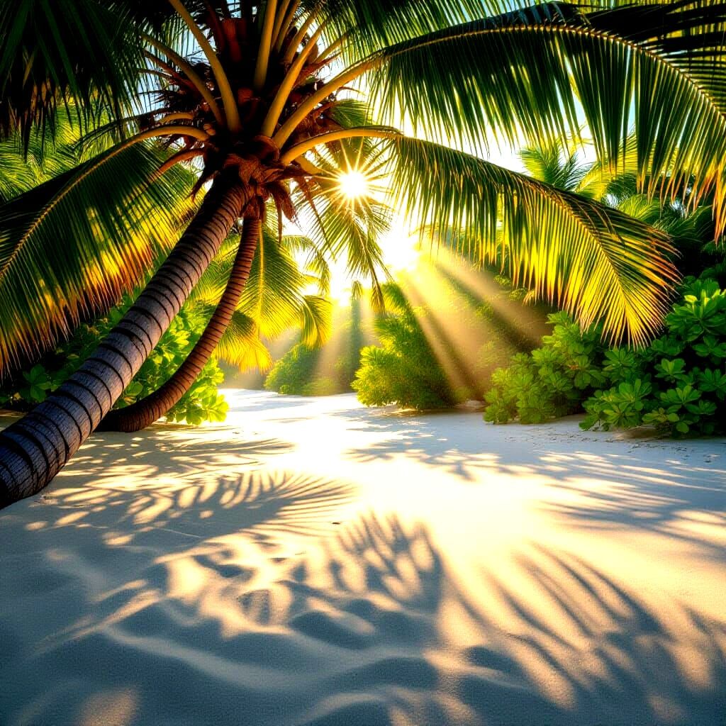 Sunlight Through Palm Branches Casting Shadows on Sand