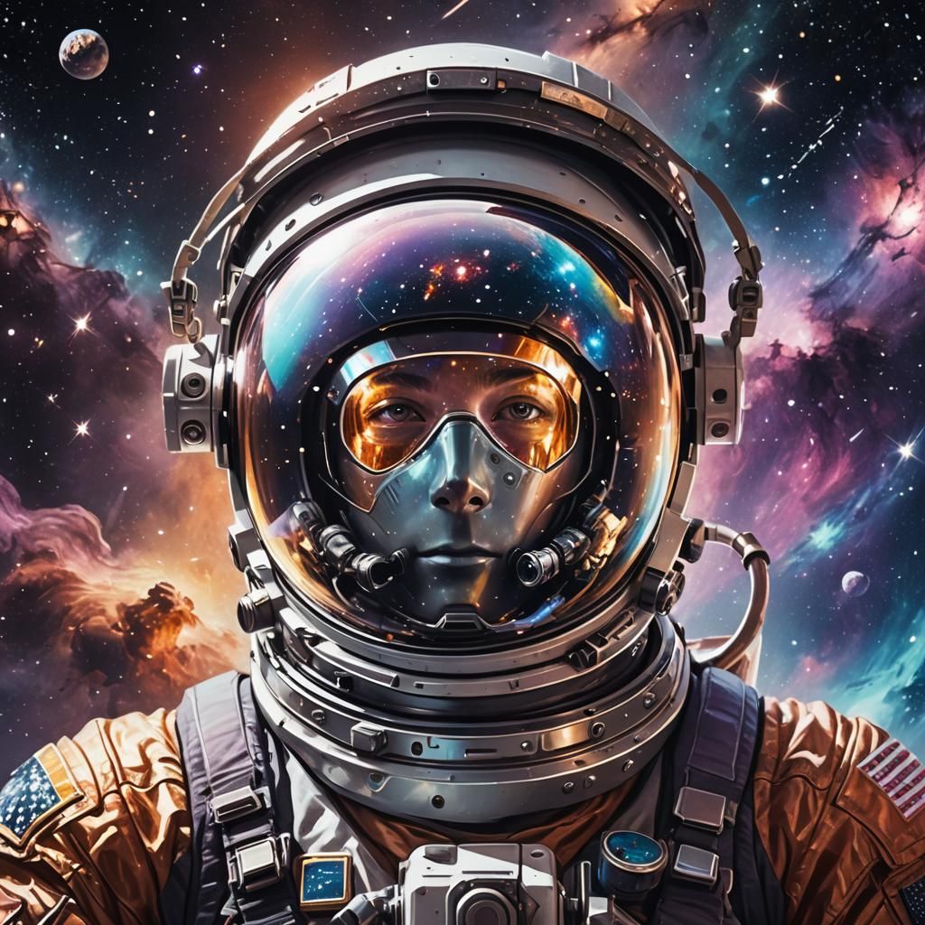 Astronaut in Deep Space Reflecting Galaxy: Concept Art