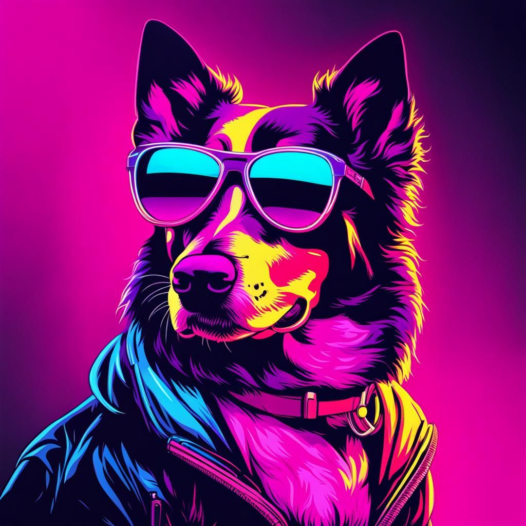 Dog in Synthwave Neon Retro Style