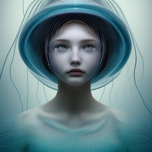 Girl in Jellyfish Hat: Photorealistic Underwater Portrait