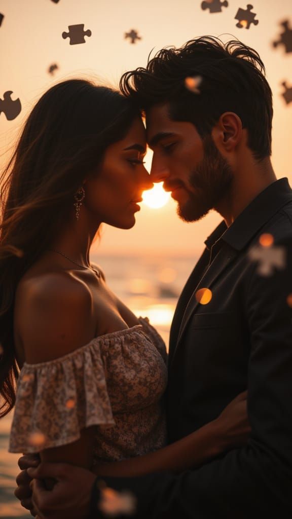 Surreal Golden Hour Romance Captured in Puzzle Piece Backdro...