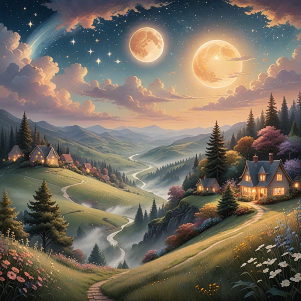 Ethereal Fantasy Panorama with Sun, Moon, and Stars