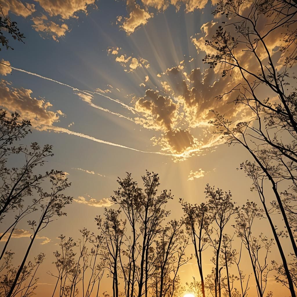 Radiant Sun with Long Rays in Golden Sky