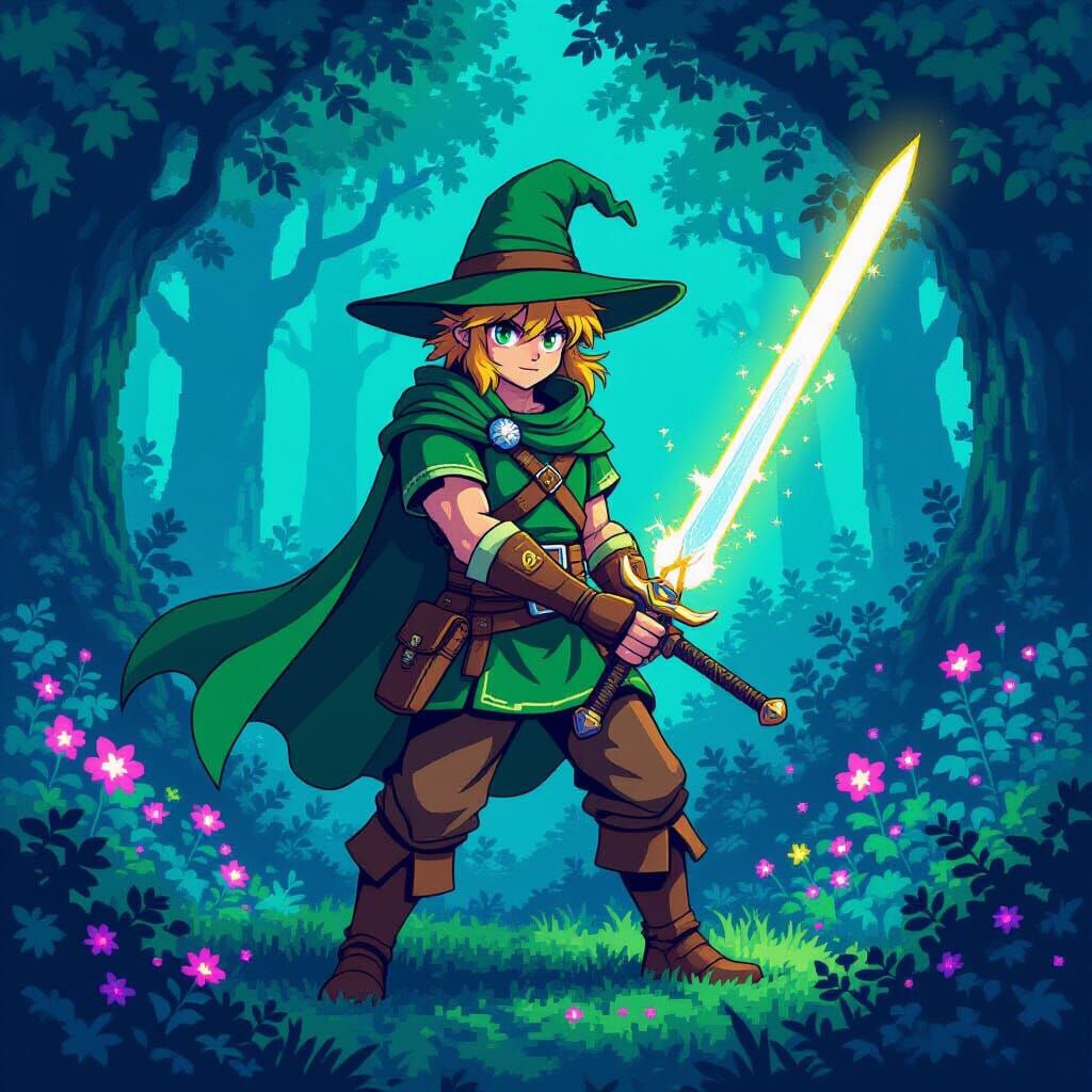 Pixelated Hero in Mystical Forest, SNES Style