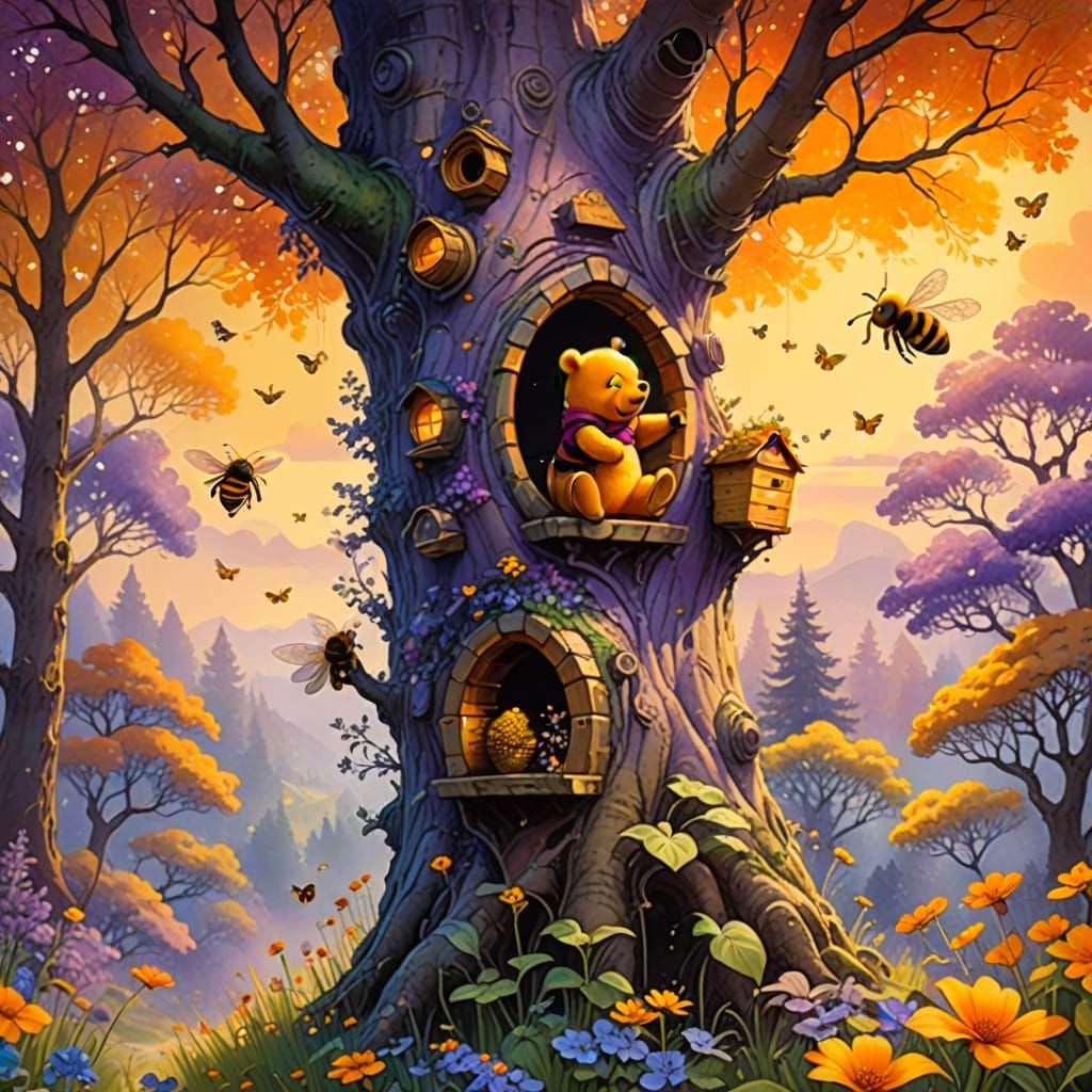 Pooh's Whimsical Beehive Adventure in Storybook Style