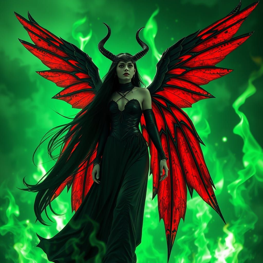 Gothic Angel with Red and Black Wings in Flames