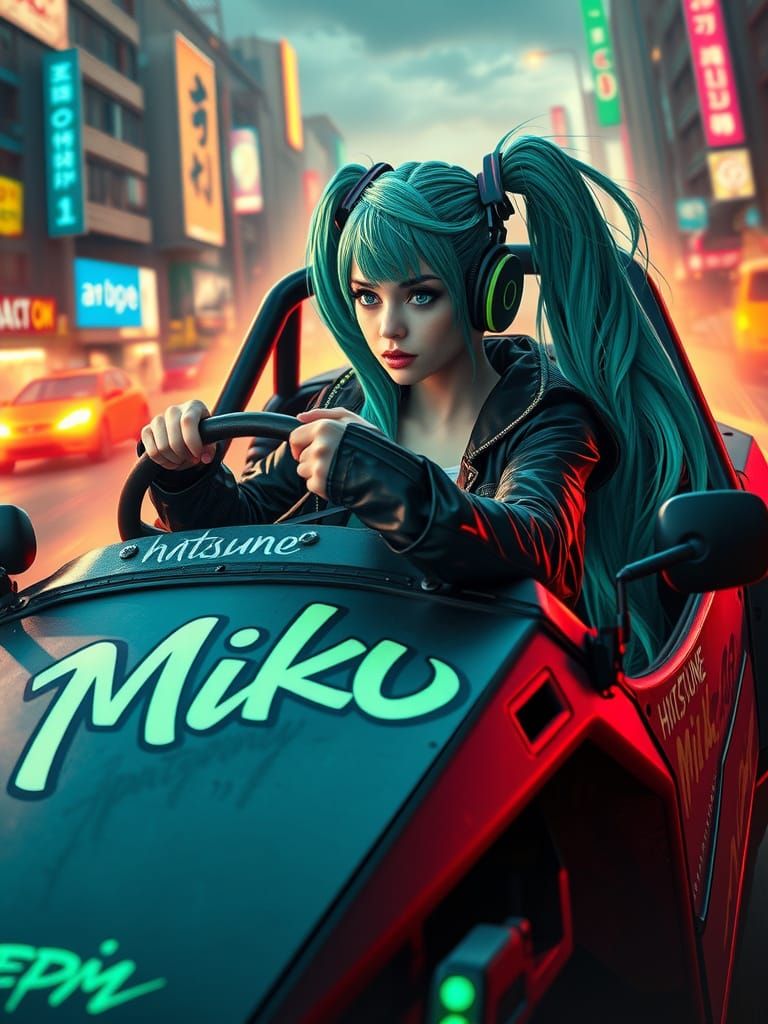 Cyberpunk Hatsune Miku Drives Dune Buggy Through Dystopian C...