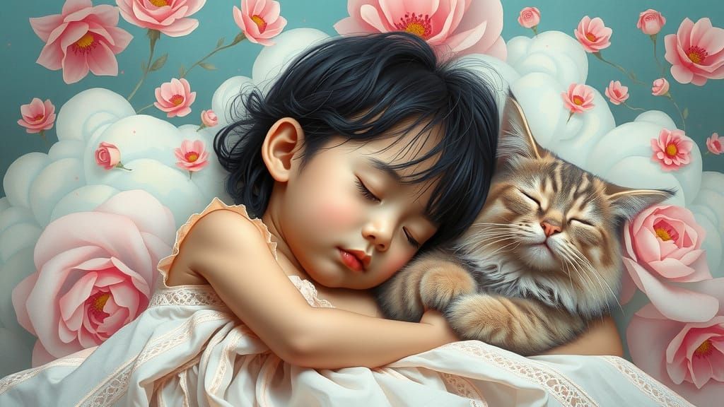 Serene Girl and Majestic Cat in Whimsical Dreamscapes