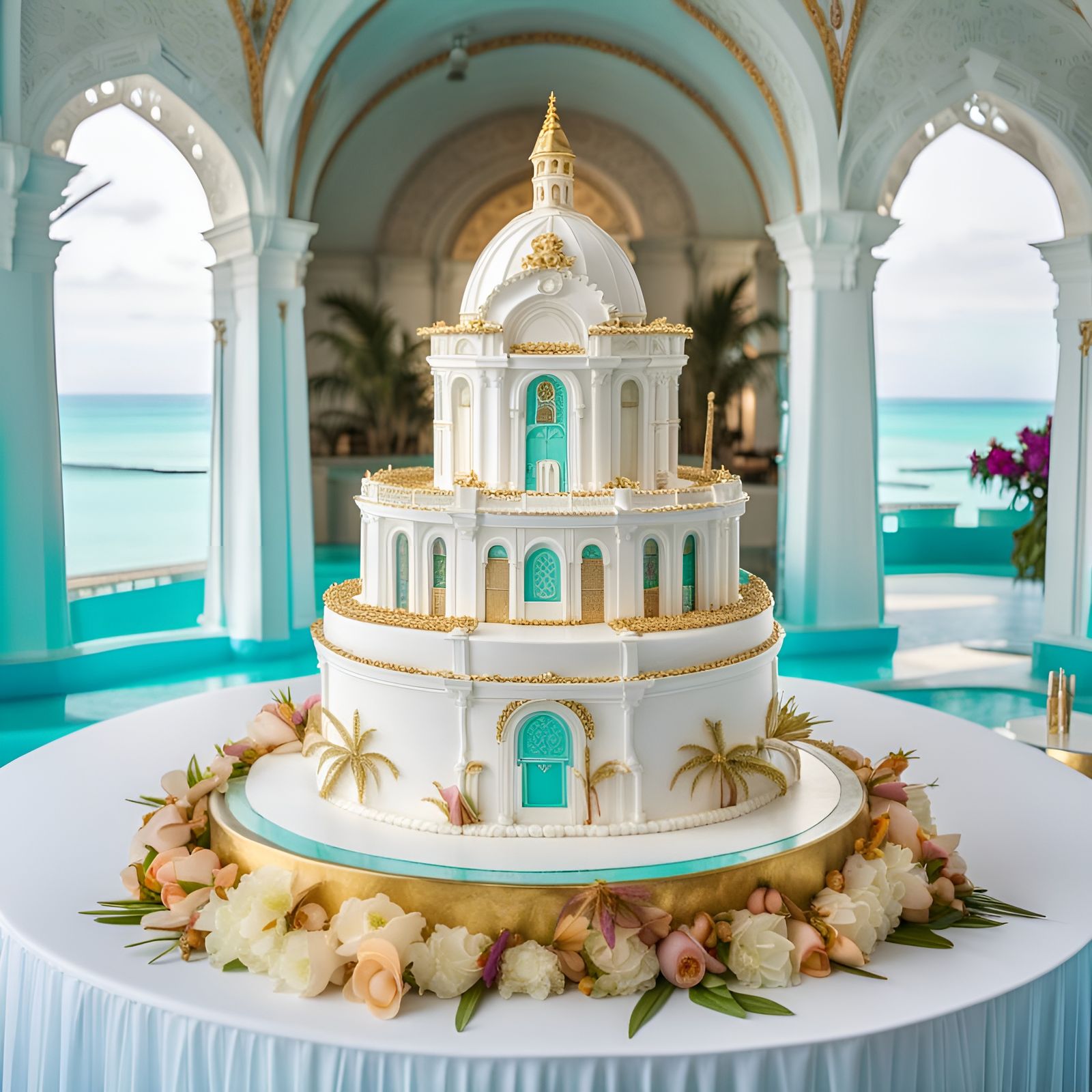 Palace Wedding Cake on Tropical Beach, Digital Art
