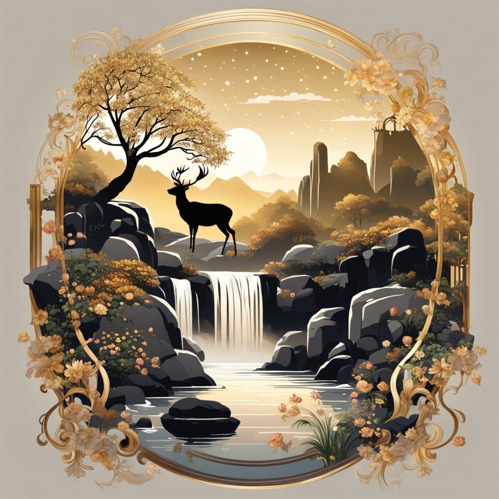 River, Waterfall, Deer, and Rocks in Art Deco Style