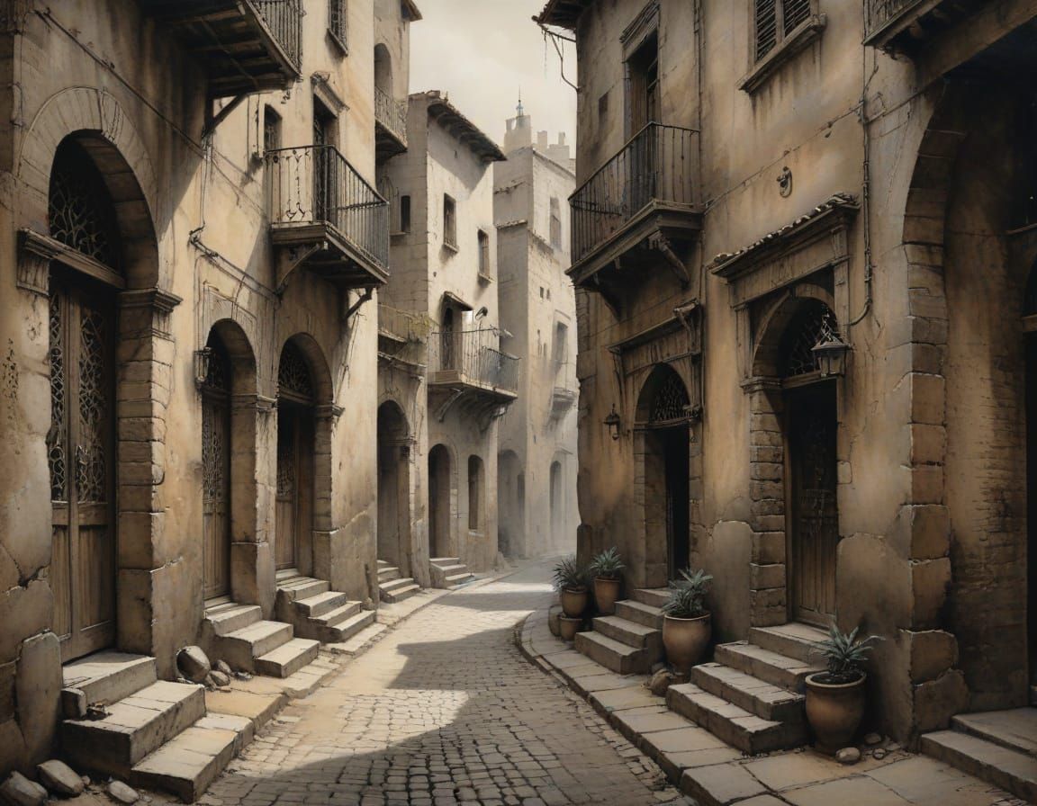 Old Arabian Street Scene in Ink Wash Style