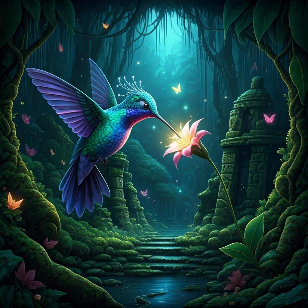 Iridescent Hummingbird Sips Nectar in Dreamlike Jungle