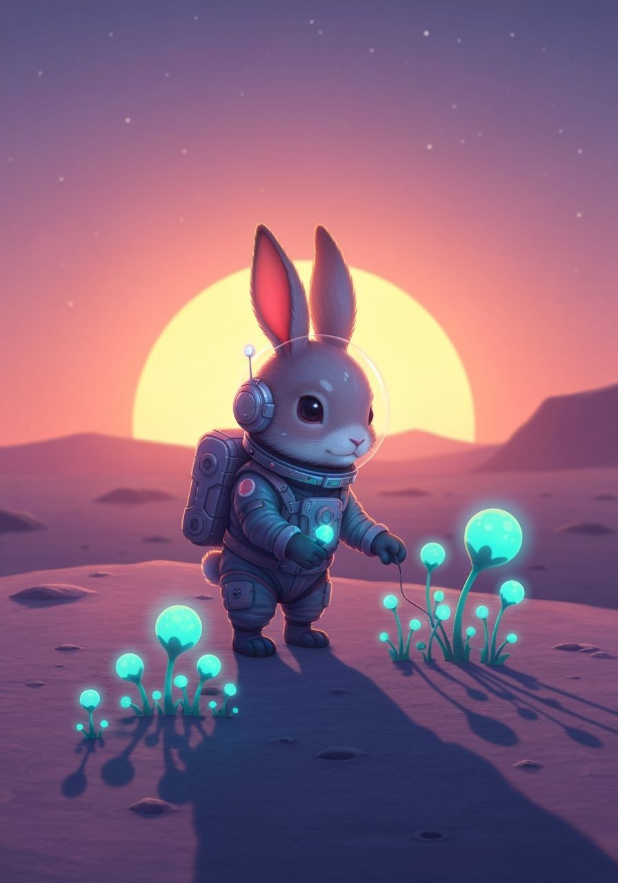 Rabbit Astronaut Tends Alien Garden Under Binary Sunset