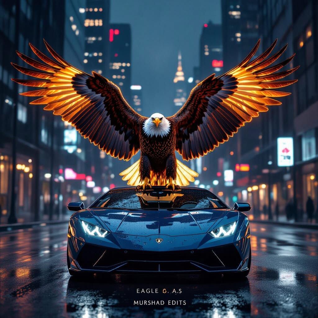 Majestic Eagle with Fiery Wings on Sports Car