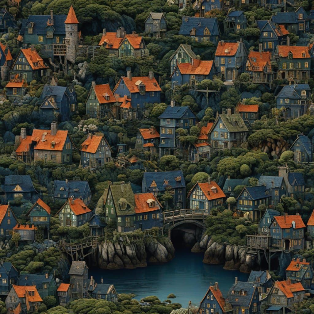 Coastal Fantasy Village in Moody, High-Contrast Style