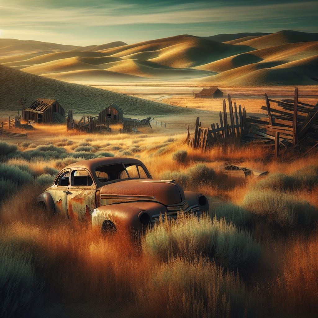 Rustic Abandoned Landscape with Rusted Car