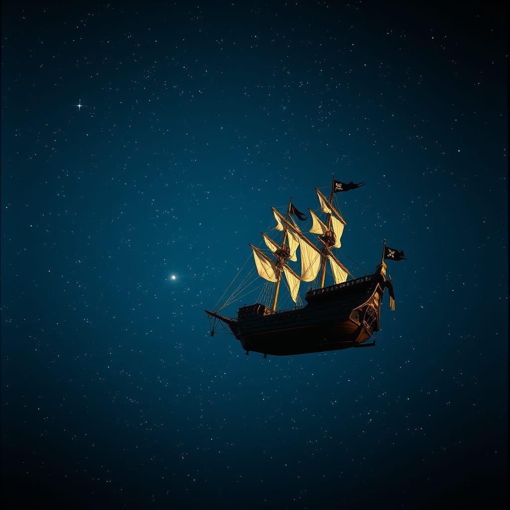 Pirate Ship Soaring Through Starry Night Sky