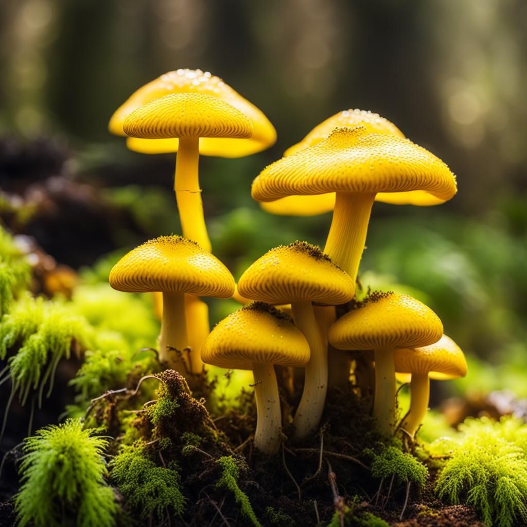 Fantastic Yellow Mushrooms in a Sunny Forest