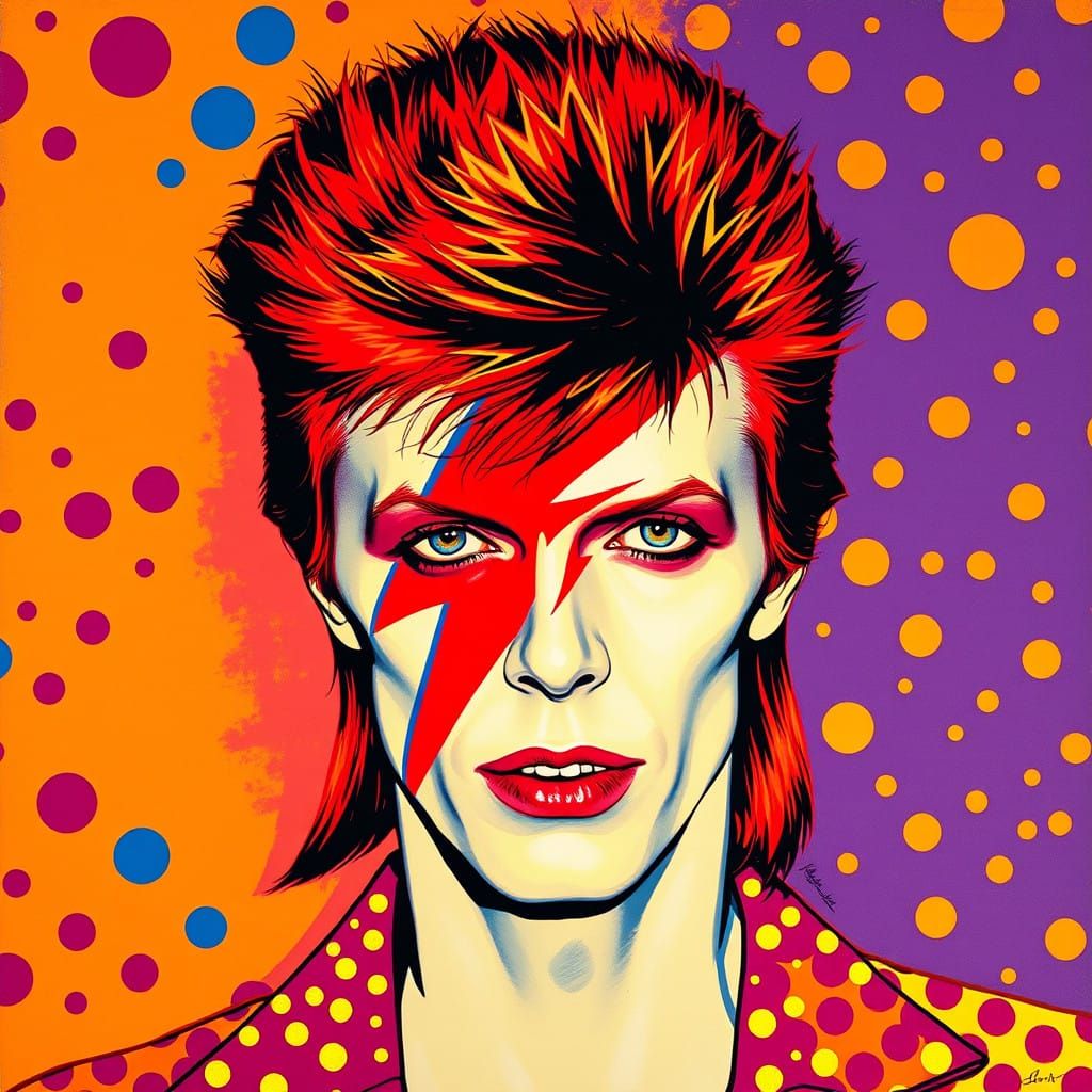 Glam-Rock Icon in Vibrant Pop-Art Style with Psychedelic Pat...