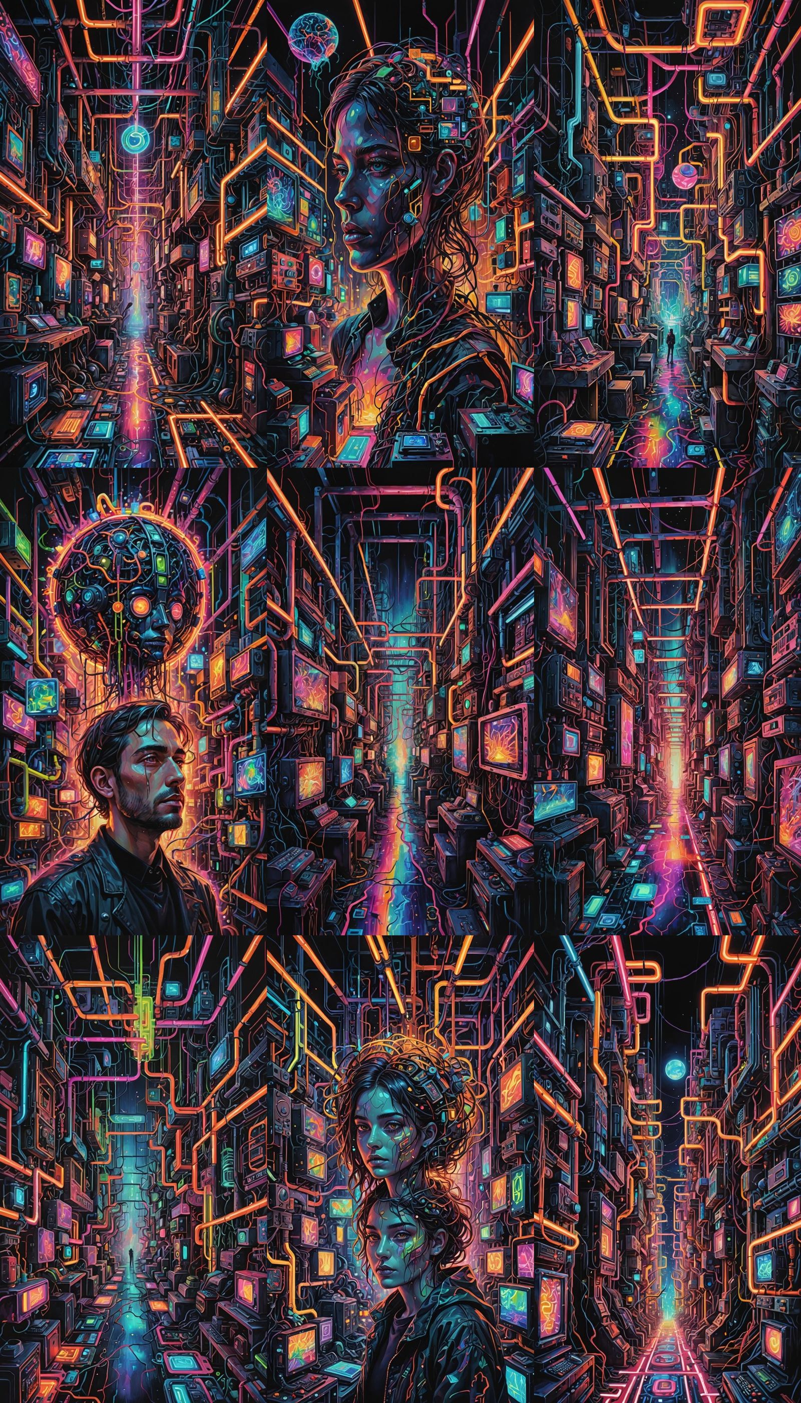 Neon Dystopian World: A Synthetism Mixed Media Artwork