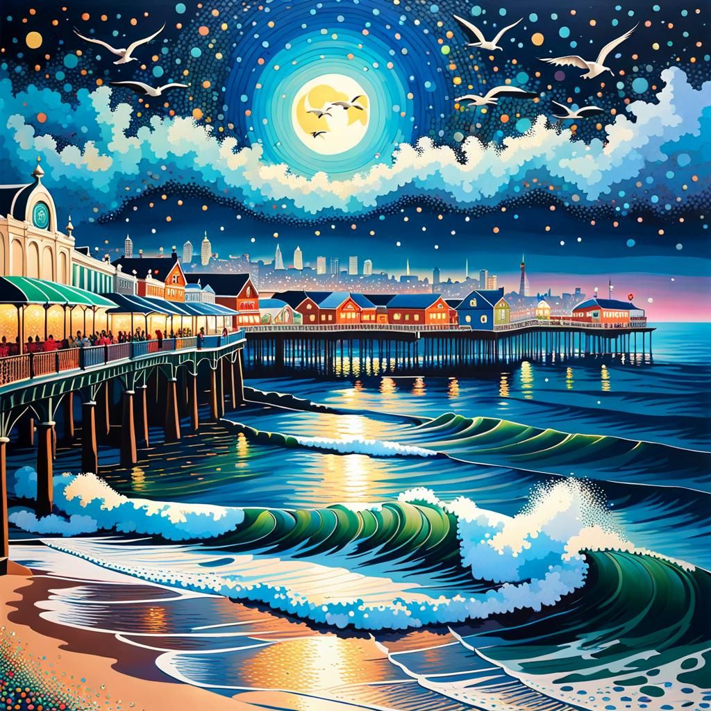 Brighton Pier Nightscape in Pointillist Style