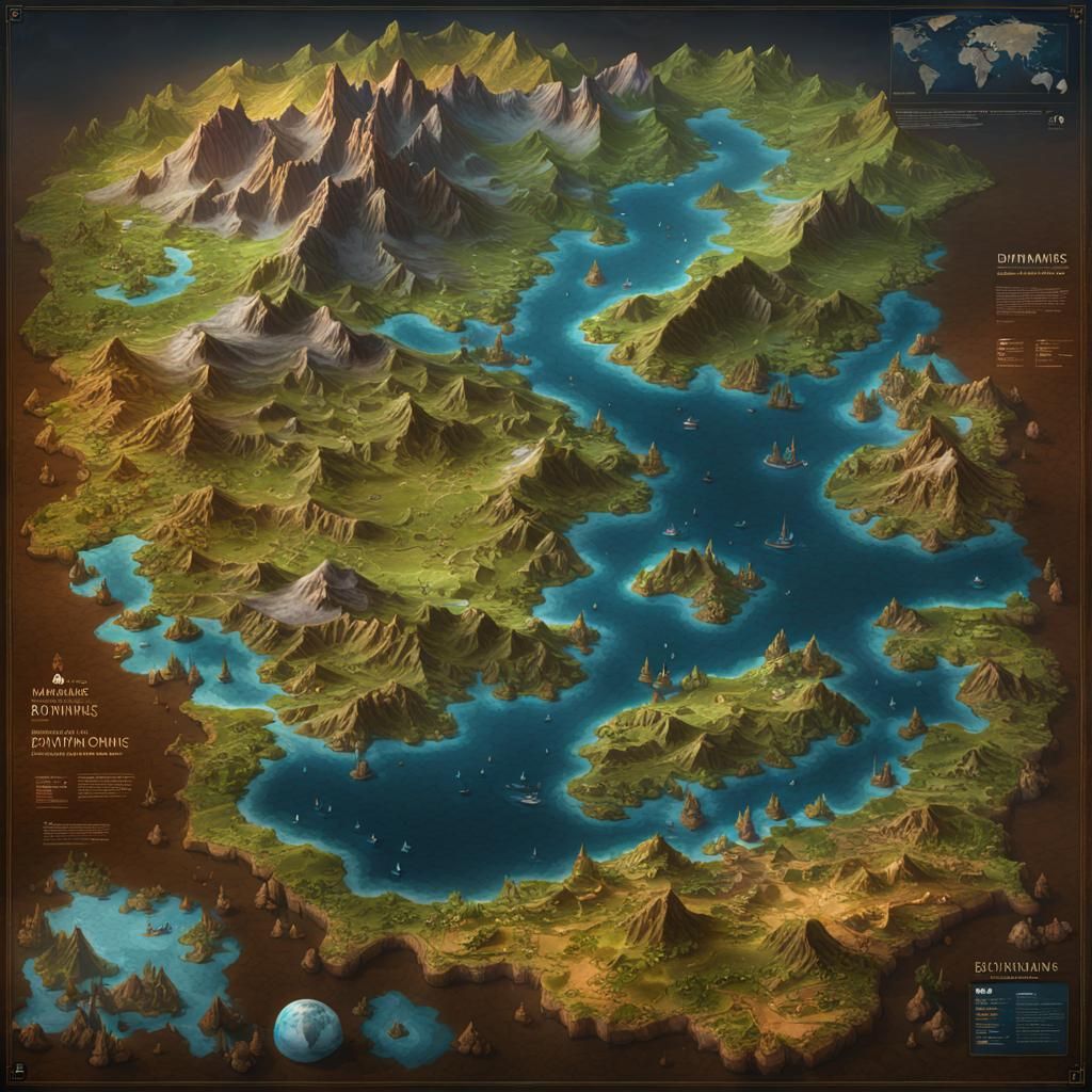Detailed Fantasy World Map in Dark Concept Art Style