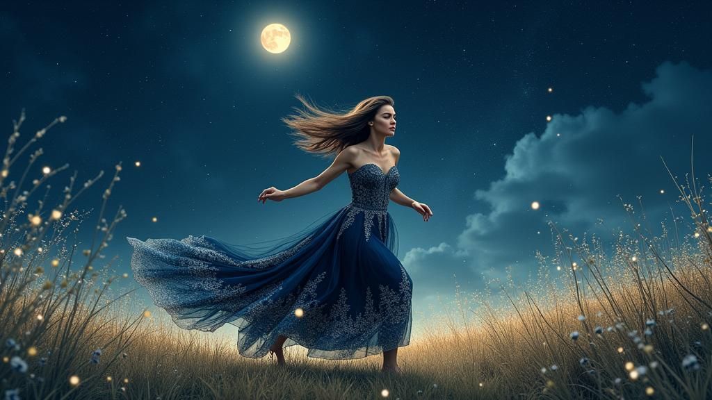 Woman Running Under Moonlight in Surreal Landscape