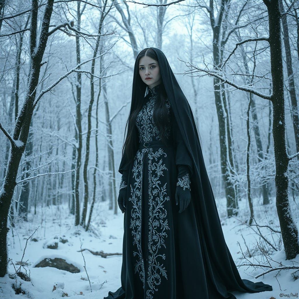 Ravens Maiden in Snowy Forest, Mystical Realism