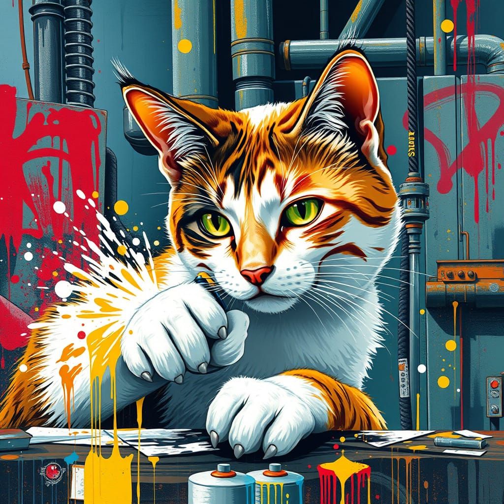 Futuristic Factory Feline in Vibrant Graffiti Style