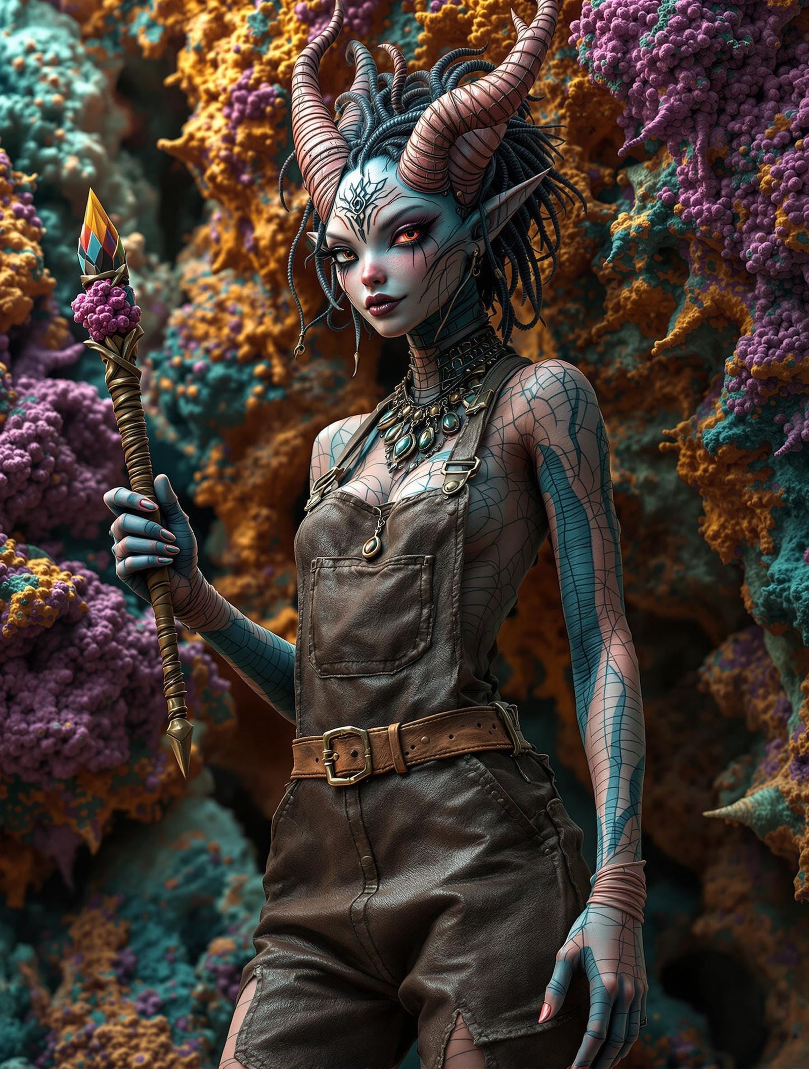 Whimsical WOMAN hybrid creature with stitched leather skin, dressed in a worn dungaree, holding a WAND in hand, intricat...