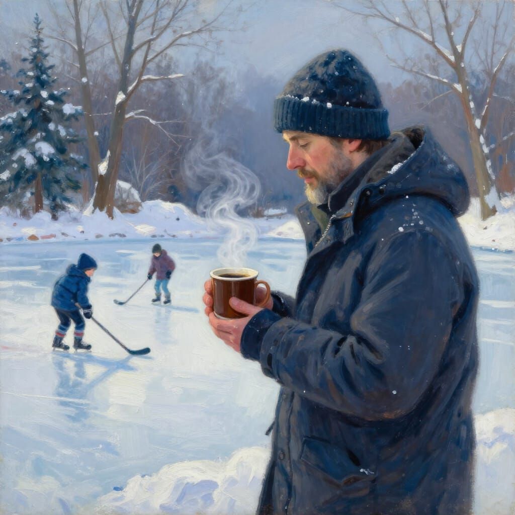 Father Watches Hockey, Holding Coffee on Snowy Winter Day