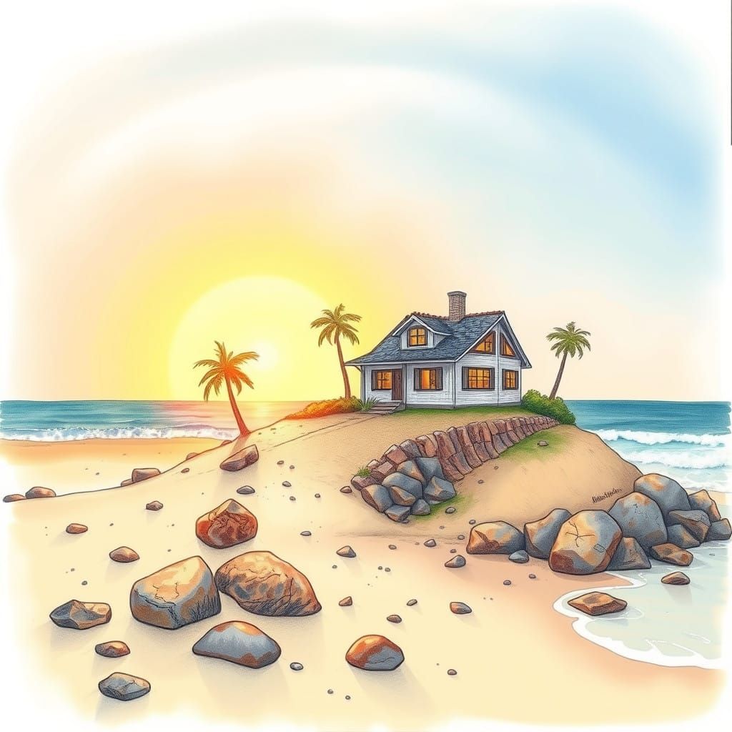 Whimsical Beach House at Sunset, in Pastel Colors