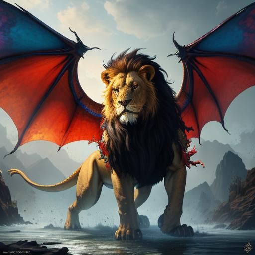 Hyperrealistic Lion-Dragon Hybrid Concept Art