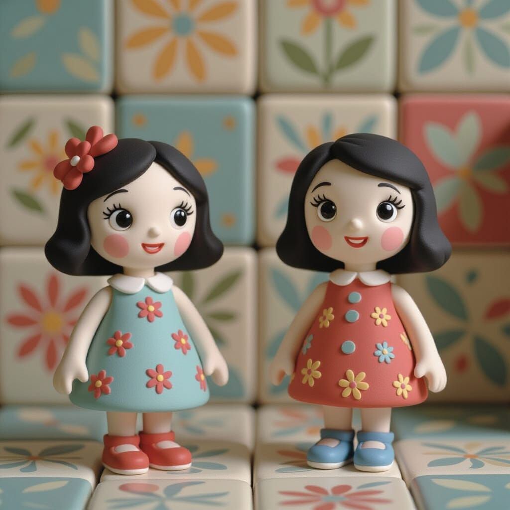 Colorful Clay Figurines and Tiles in Surreal Style