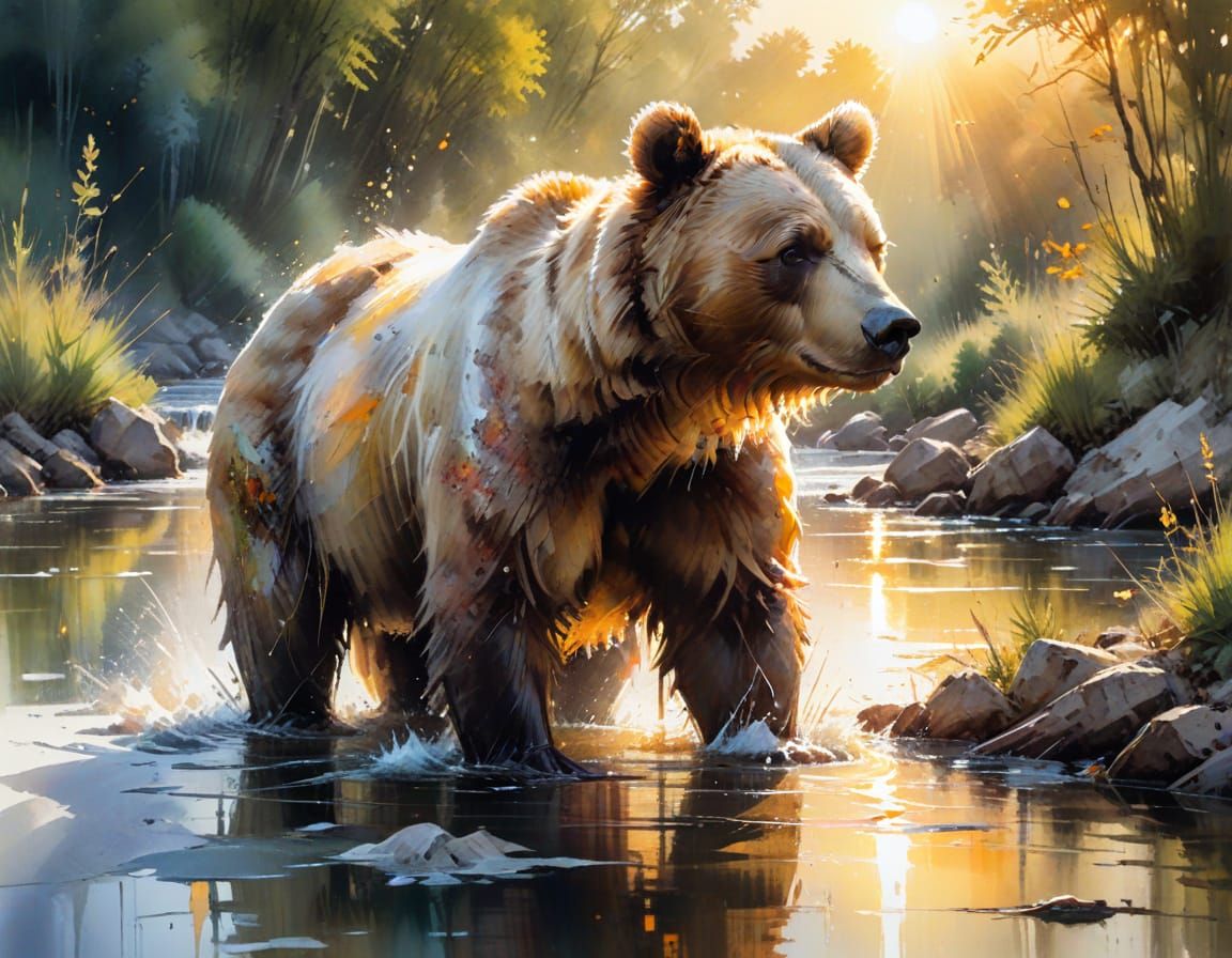 Bear at River in Summer Sunset: Watercolor Style