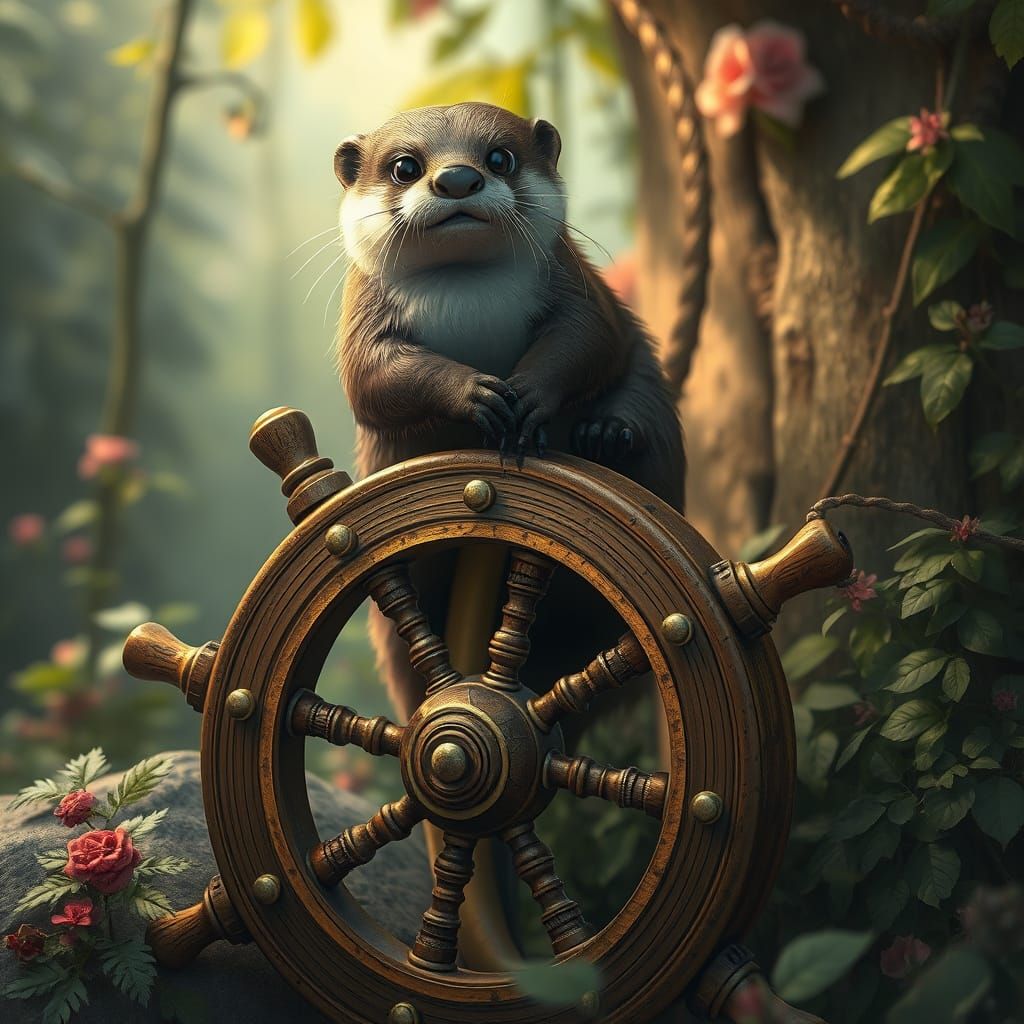 Whimsical Steampunk Otter on a Golden Wooden Wheel